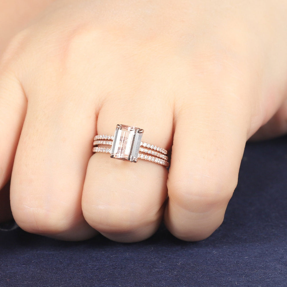 Vintage 3PCS Morganite and Diamond Engagement Ring Set, Unique Emerald Cut Pink Morganite Wedding Set, Rose Gold Bridal Set Promise Rings - ShainJewelry