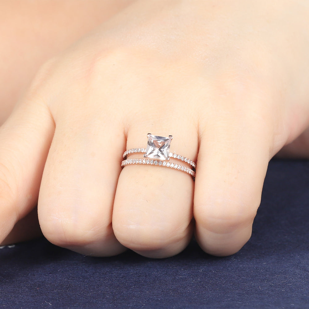 Unique Natural Peach Morganite Bridal Set Princess Cut Pink Morganite Wedding Set Rose Gold Stackable Anniversary Engagement Promise Rings - ShainJewelry