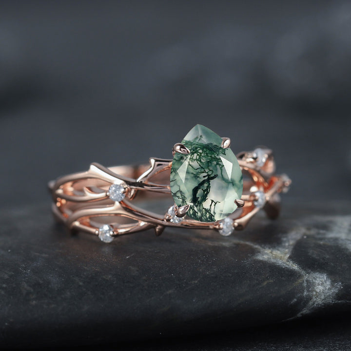 Vintage Pear Cut Moss Agate Diamond Engagement Ring Set 14K Rose Gold Moissanite Branch Twig Promise Wedding Rings Bridal Set For Women - ShainJewelry