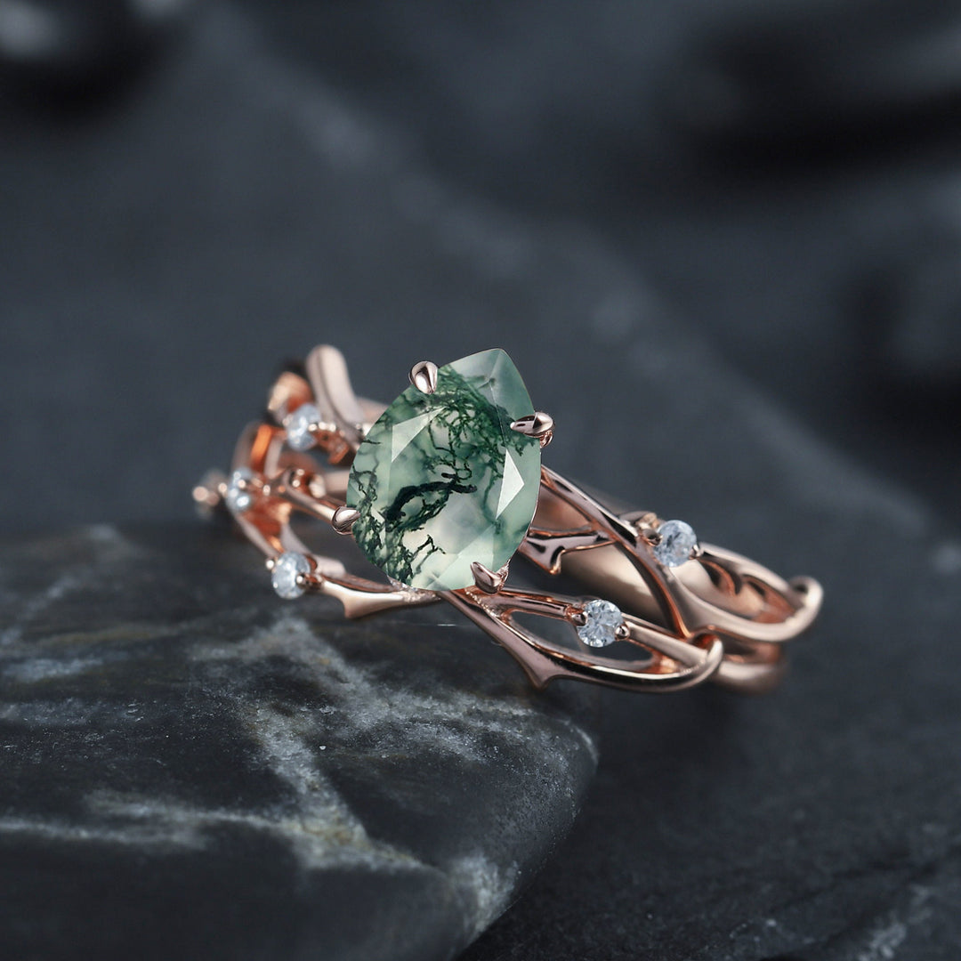 Vintage Pear Cut Moss Agate Diamond Engagement Ring Set 14K Rose Gold Moissanite Branch Twig Promise Wedding Rings Bridal Set For Women - ShainJewelry