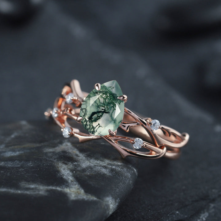 Vintage Pear Cut Moss Agate Diamond Engagement Ring Set 14K Rose Gold Moissanite Branch Twig Promise Wedding Rings Bridal Set For Women - ShainJewelry