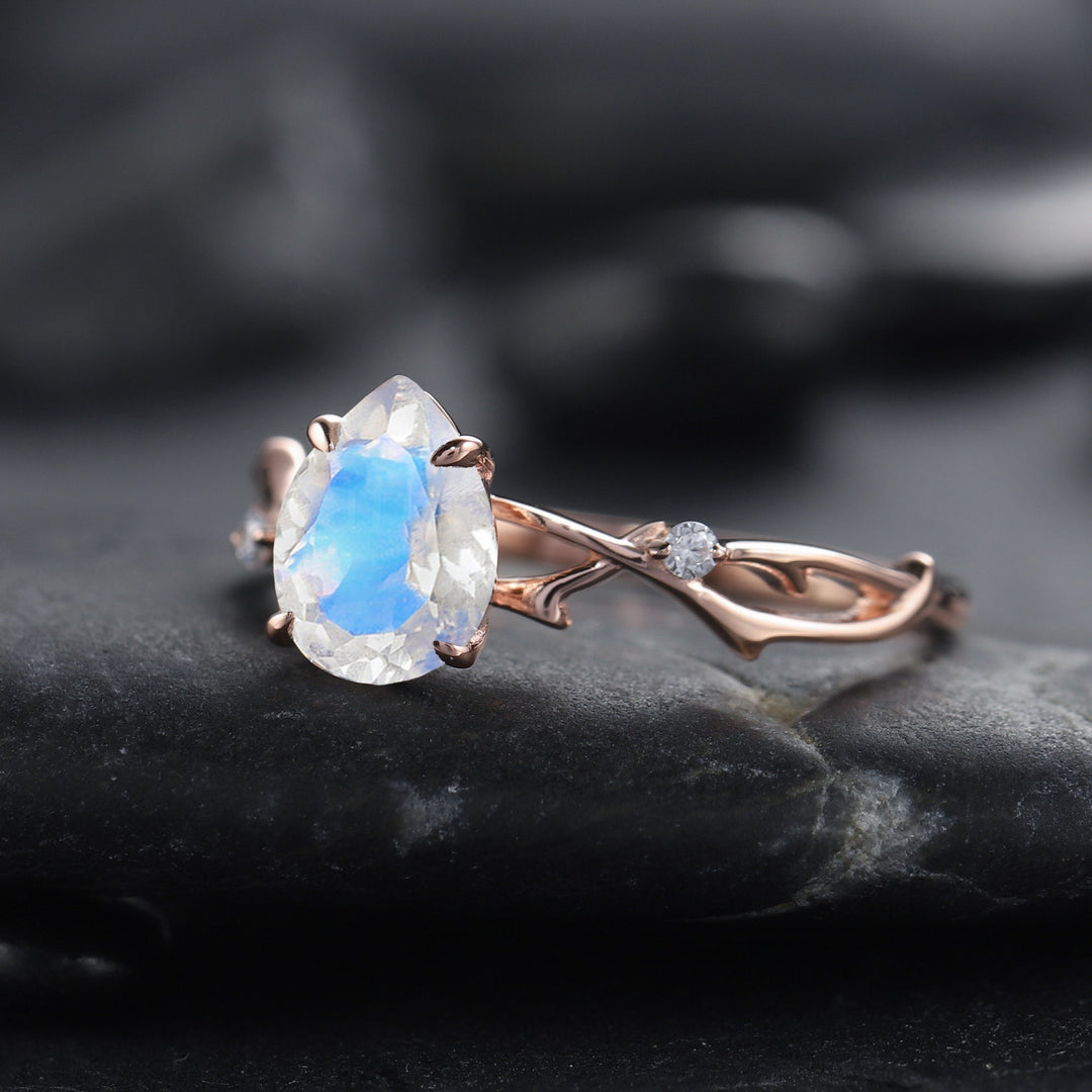 Vintage 1 CT Pear Cut Natural Moonstone Diamond Engagement Ring 14K Rose Gold Moissanite Branch Promise Wedding Twig Branch Ring For Women - ShainJewelry