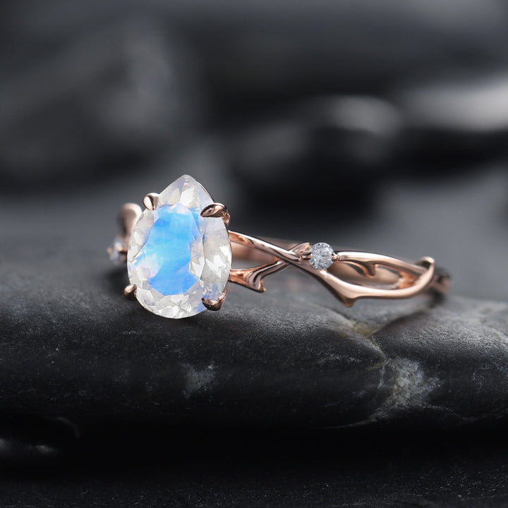 Vintage 1 CT Pear Cut Natural Moonstone Diamond Engagement Ring 14K Rose Gold Moissanite Branch Promise Wedding Twig Branch Ring For Women - ShainJewelry