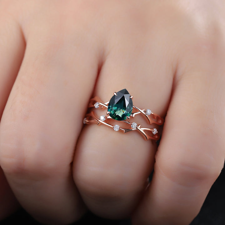 Vintage Pear Cut Teal Sapphire and Diamond Engagement Ring Set 18K Rose Gold Moissanite Branch Twisted Wedding Ring Bridal Set For Women - ShainJewelry