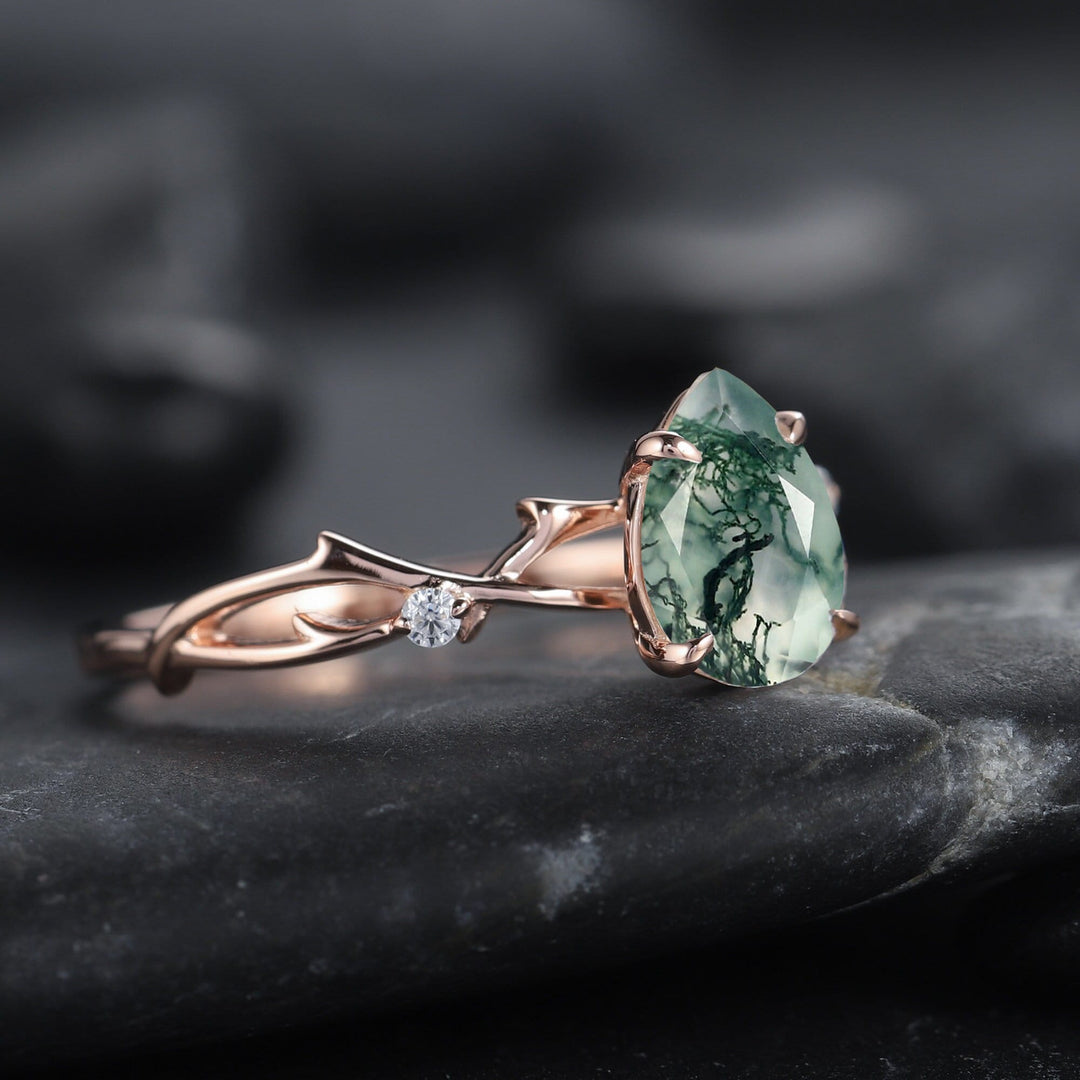 Vintage 1 Carat Pear Cut Moss Agate and Diamond Engagement Ring 14K Rose Gold Moissanite Branch Twig Promise Wedding Ring For Women - ShainJewelry