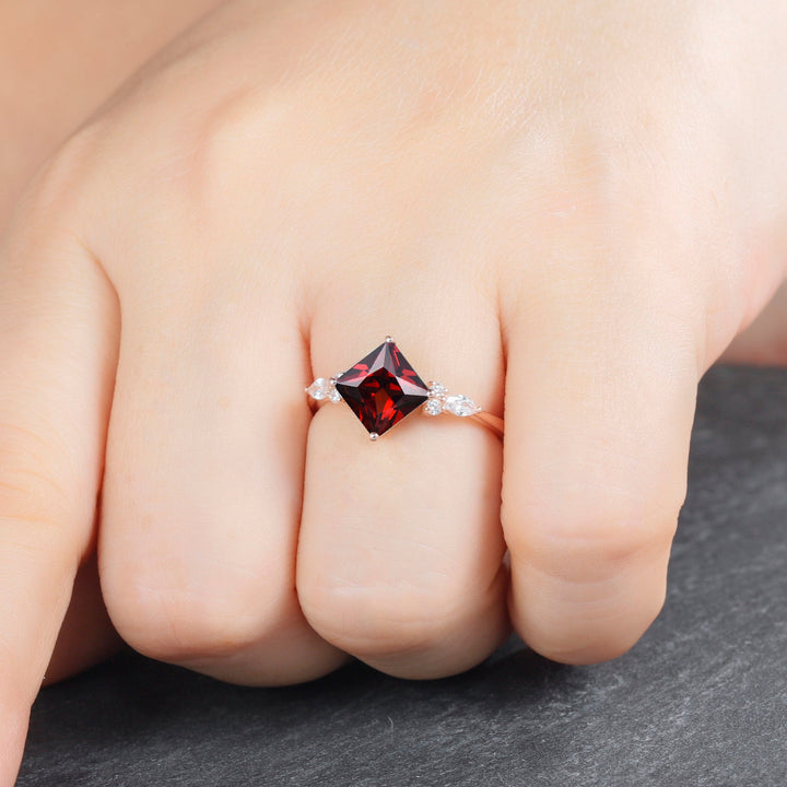 Vintage Princess Cut Natural Garnet Engagement Ring, Art Deco 14k Rose Gold Wedding Promise Ring Unique Marquise Cut Diamond Moissanite Ring - ShainJewelry