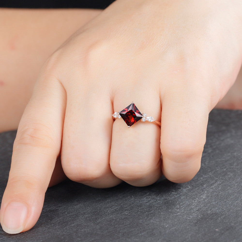 Vintage Princess Cut Natural Garnet Engagement Ring, Art Deco 14k Rose Gold Wedding Promise Ring Unique Marquise Cut Diamond Moissanite Ring - ShainJewelry
