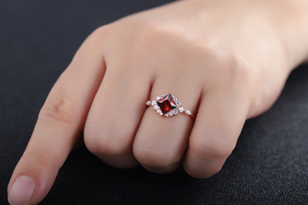 Vintage Princess Natural Garnet Engagement Ring 14k Rose Gold Cluster Moissanite Wedding Ring Unique January Birthstone Promise Ring for Her - ShainJewelry