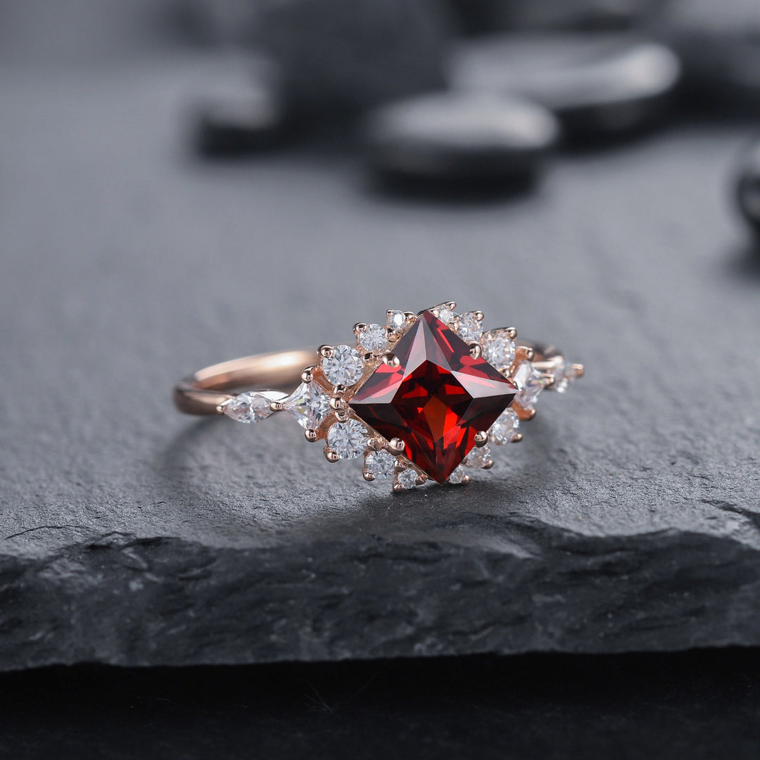 Vintage Princess Natural Garnet Engagement Ring 14k Rose Gold Cluster Moissanite Wedding Ring Unique January Birthstone Promise Ring for Her - ShainJewelry
