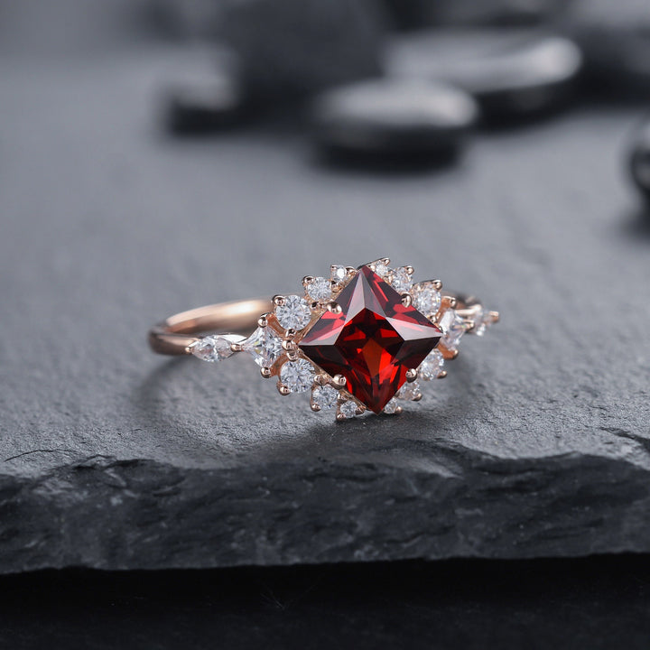 Vintage Princess Natural Garnet Engagement Ring 14k Rose Gold Cluster Moissanite Wedding Ring Unique January Birthstone Promise Ring for Her - ShainJewelry