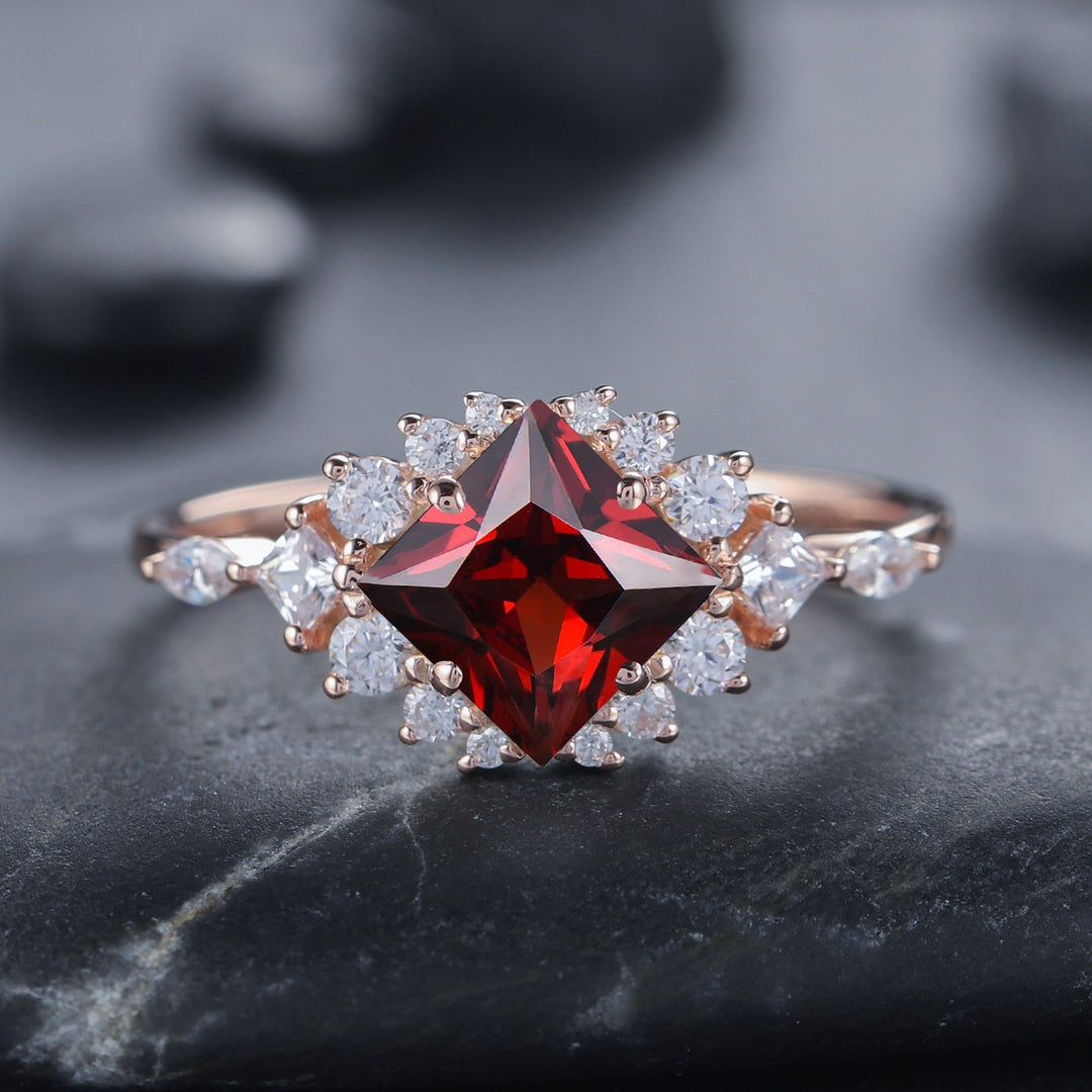 Vintage Princess Natural Garnet Engagement Ring 14k Rose Gold Cluster Moissanite Wedding Ring Unique January Birthstone Promise Ring for Her - ShainJewelry