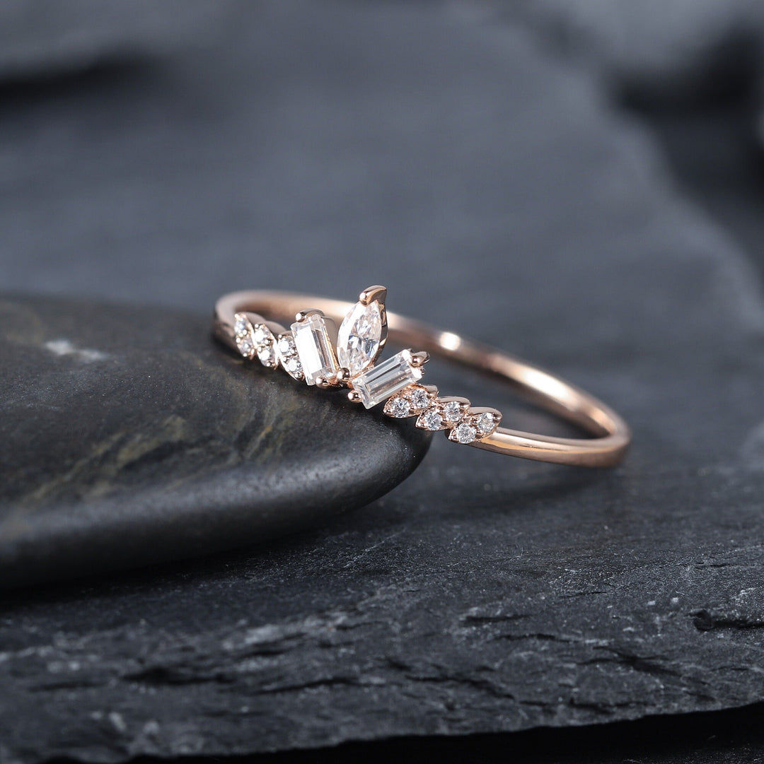 Unique Marquise Moissanite Cluster Wedding Band Baguette Cut Engagement Promise Matching Band Stackable White Gold Anniversary Ring Enhancer - ShainJewelry
