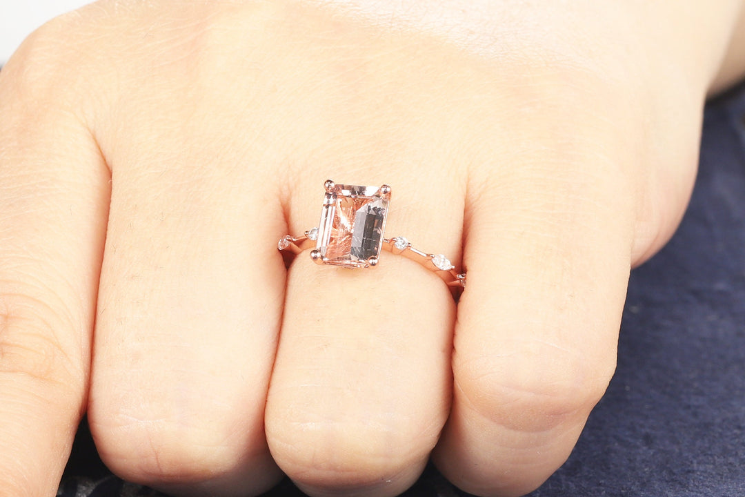 Vintage 3 Carat Pink Morganite Engagement Ring, Unique Emerald Cut Wedding Ring, Peach Morganite Promise Ring,14k Rose Gold Anniversary Ring - ShainJewelry