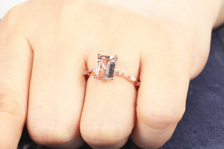 Vintage 3 Carat Pink Morganite Engagement Ring, Unique Emerald Cut Wedding Ring, Peach Morganite Promise Ring,14k Rose Gold Anniversary Ring - ShainJewelry