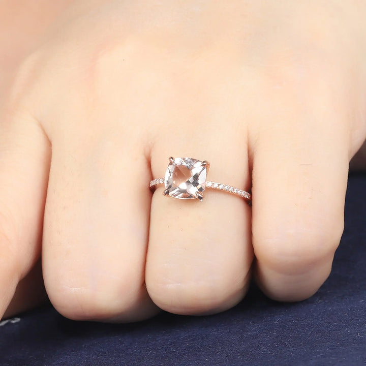 Vintage Pink Morganite and Diamond Engagement Ring, Cushion Morganite Wedding Ring, 14k Rose Gold Hidden Halo Morganite Promise Ring for her - ShainJewelry