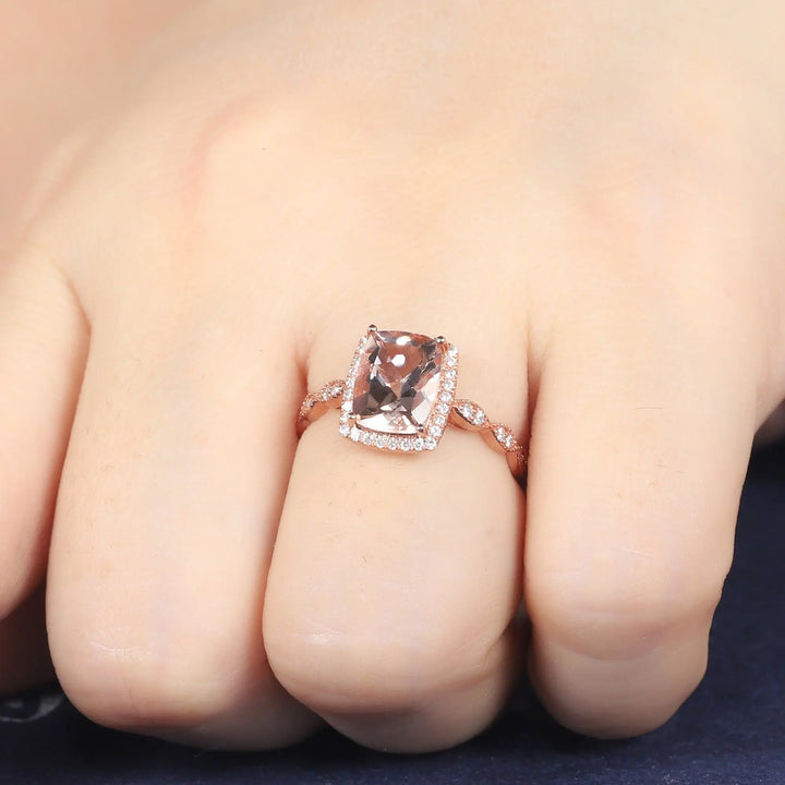 Vintage 2 Carat Peach Morganite Halo Engagement Ring, Cushion Cut Pink Morganite Wedding Ring 14k 18k Rose Gold 2 Carat Promise Ring for her - ShainJewelry