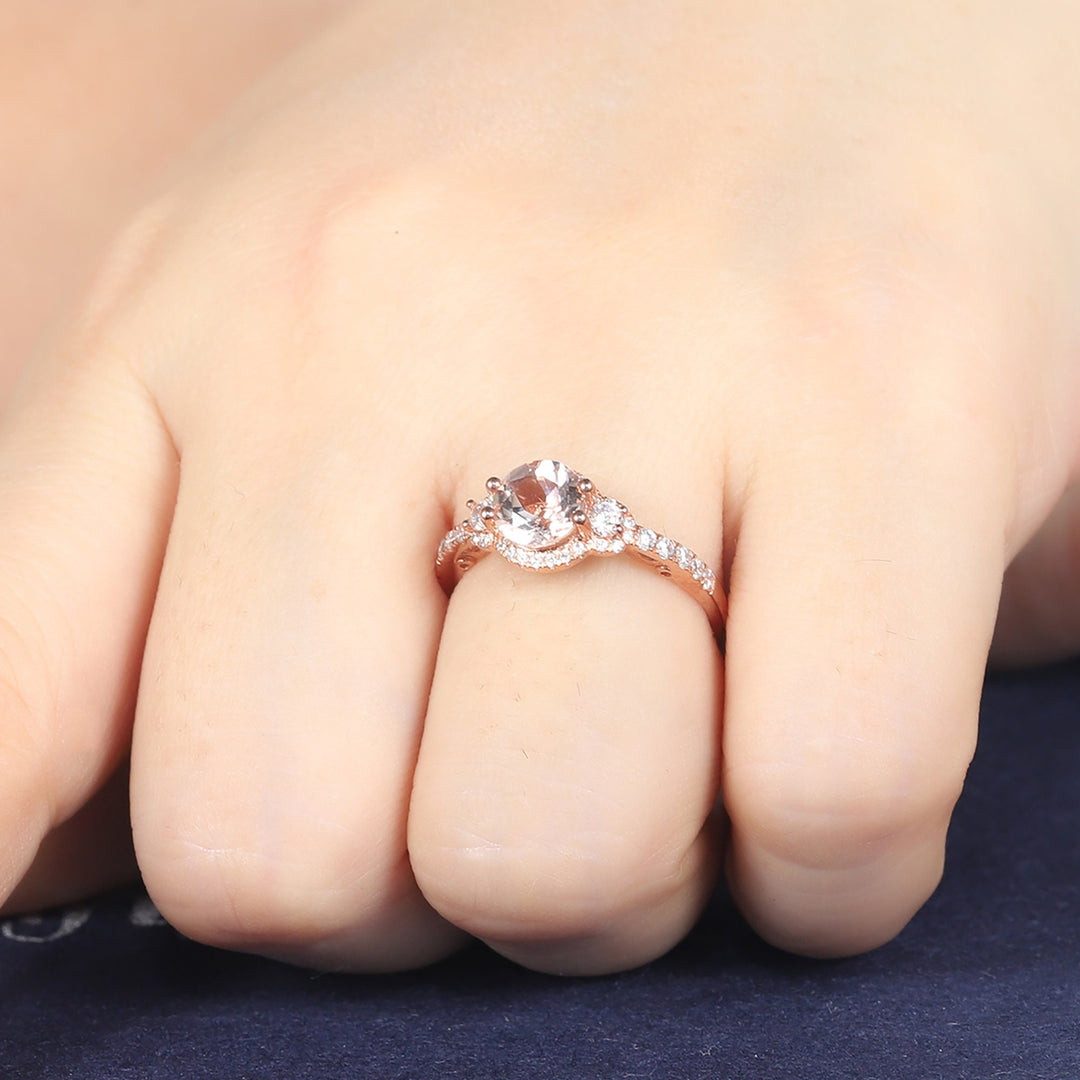 Natural Pink Morganite Engagement Ring, Round Shape Morganite Halo Wedding Ring, Vintage Rose Gold Morganite Promise Ring Gift for Women - ShainJewelry