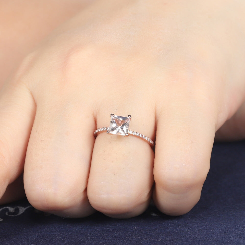 Natural Peach Morganite Engagement Ring, Princess Cut Pink Morganite Wedding Ring, Silver or Rose Gold 1 Carat Anniversary Promise Ring, - ShainJewelry