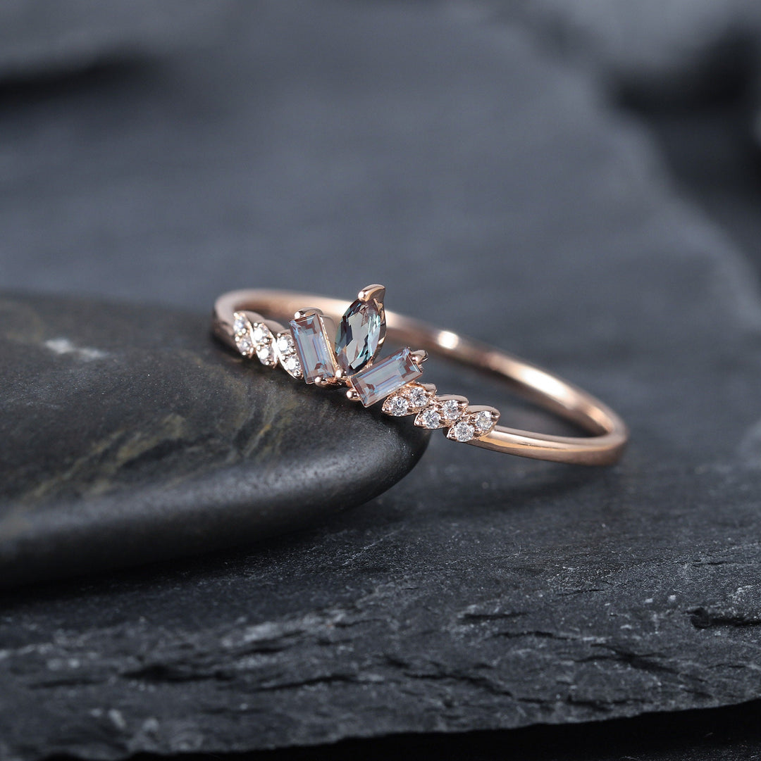 Vintage Marquise Alexandrite Cluster Wedding Band 14K White Gold Baguette Cut Matching Band Promise Stackable Anniversary Ring Enhancer - ShainJewelry