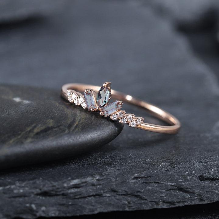 Vintage Marquise Alexandrite Cluster Wedding Band 14K White Gold Baguette Cut Matching Band Promise Stackable Anniversary Ring Enhancer - ShainJewelry