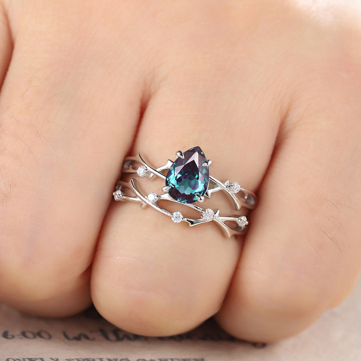 Vintage Pear Cut Alexandrite Diamond Engagement Ring Set 14K Rose Gold Moissanite Branch Twisted Promise Wedding Rings Bridal Set For Women - ShainJewelry