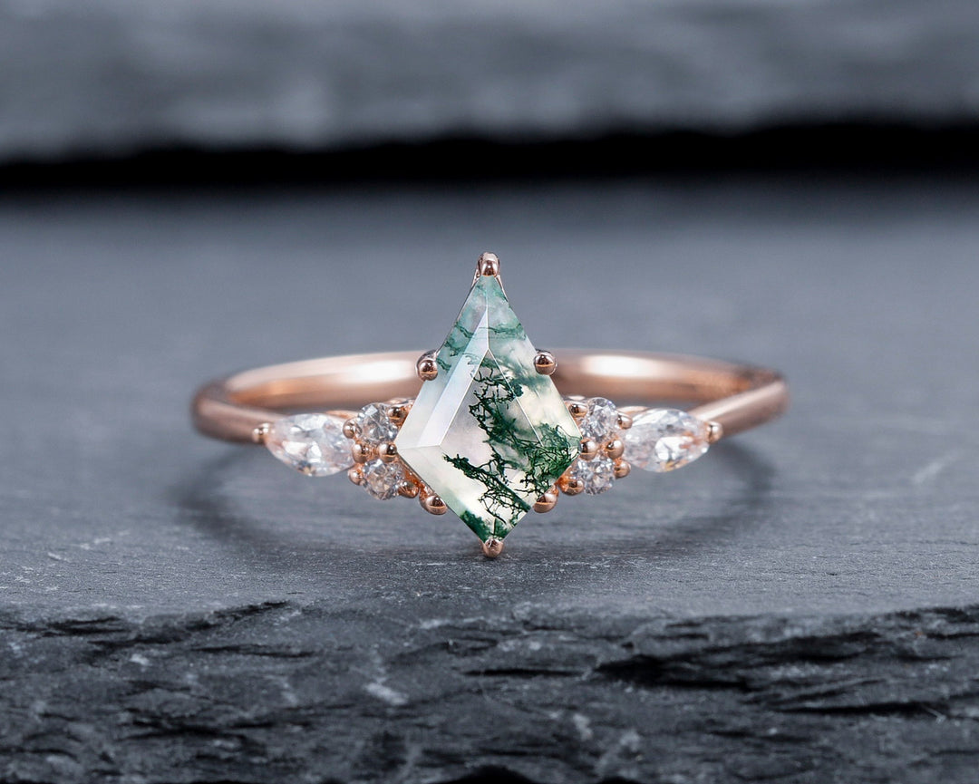 Vintage Kite Shape Moss Agate and Diamond Engagement Ring Set, 14K Yellow Gold Promise Ring, Wedding Ring Gift Bridal Set for Women - ShainJewelry