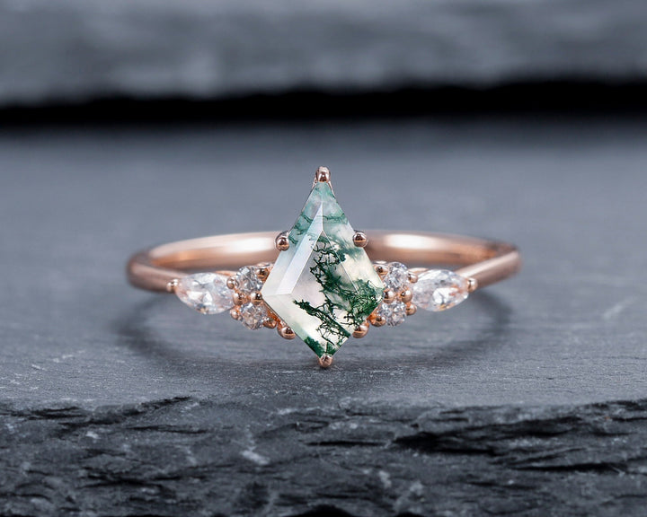 Vintage Kite Shape Moss Agate and Diamond Engagement Ring Set, 14K Yellow Gold Promise Ring, Wedding Ring Gift Bridal Set for Women - ShainJewelry
