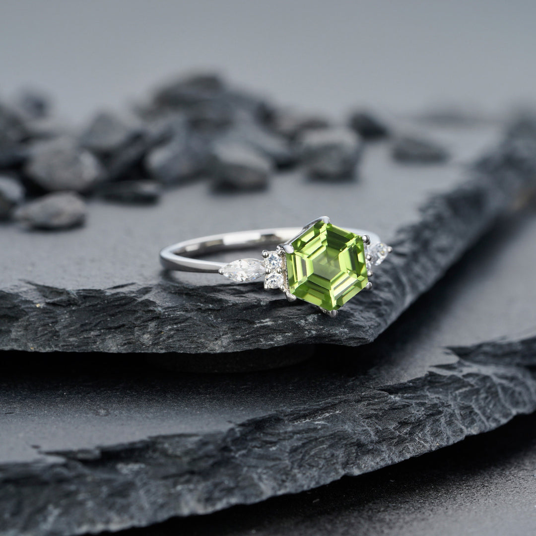 Vintage Hexagon Cut Natural Peridot Engagement Ring, Unique 14K White Gold August Birthstone Peridot Wedding Anniversary Promise Ring Gift - ShainJewelry