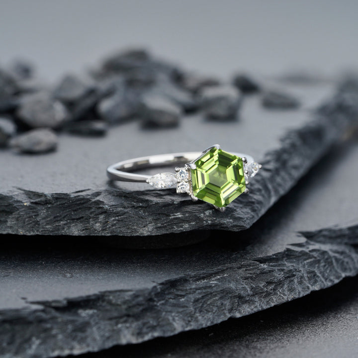 Vintage Hexagon Cut Natural Peridot Engagement Ring, Unique 14K White Gold August Birthstone Peridot Wedding Anniversary Promise Ring Gift - ShainJewelry