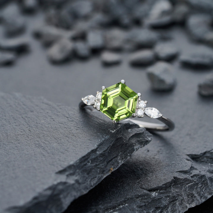 Vintage Hexagon Cut Natural Peridot Engagement Ring, Unique 14K White Gold August Birthstone Peridot Wedding Anniversary Promise Ring Gift - ShainJewelry