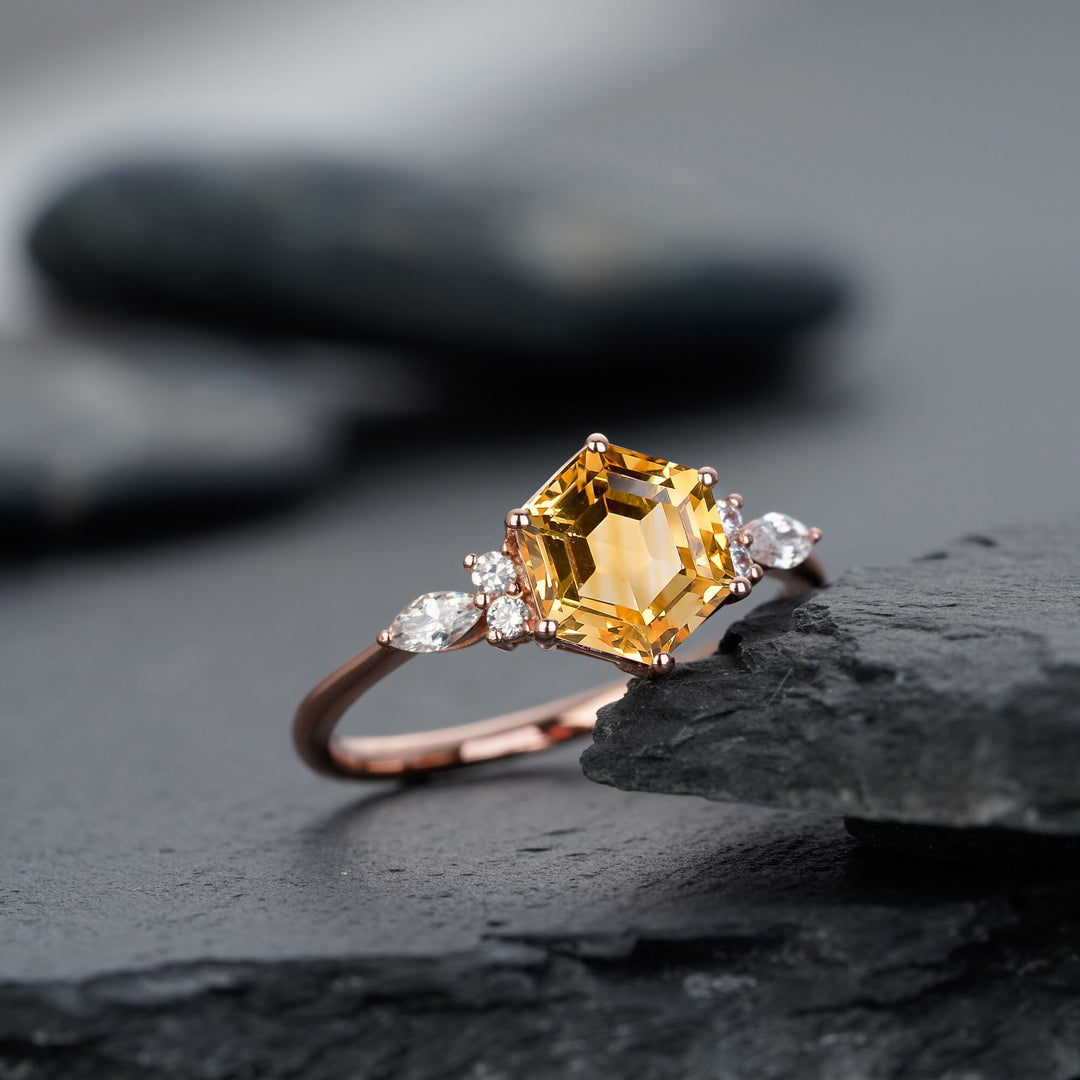 Vintage Hexagon Cut Natural Citrine Engagement Ring, Unique Marquise Moissanite Wedding Ring, 14K Rose Gold Anniversary Gift Promise Ring - ShainJewelry