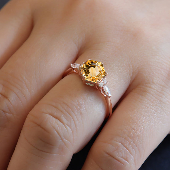 Vintage Hexagon Cut Natural Citrine Engagement Ring, Unique Marquise Moissanite Wedding Ring, 14K Rose Gold Anniversary Gift Promise Ring - ShainJewelry