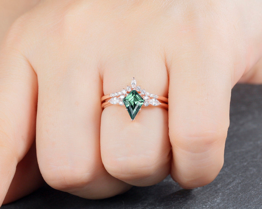 Vintage Kite Cut Teal Sapphire Moissanite Engagement Ring Set Unique 14K Rose Gold Anniversary Promise Wedding Ring Set Bridal Set for Women - ShainJewelry