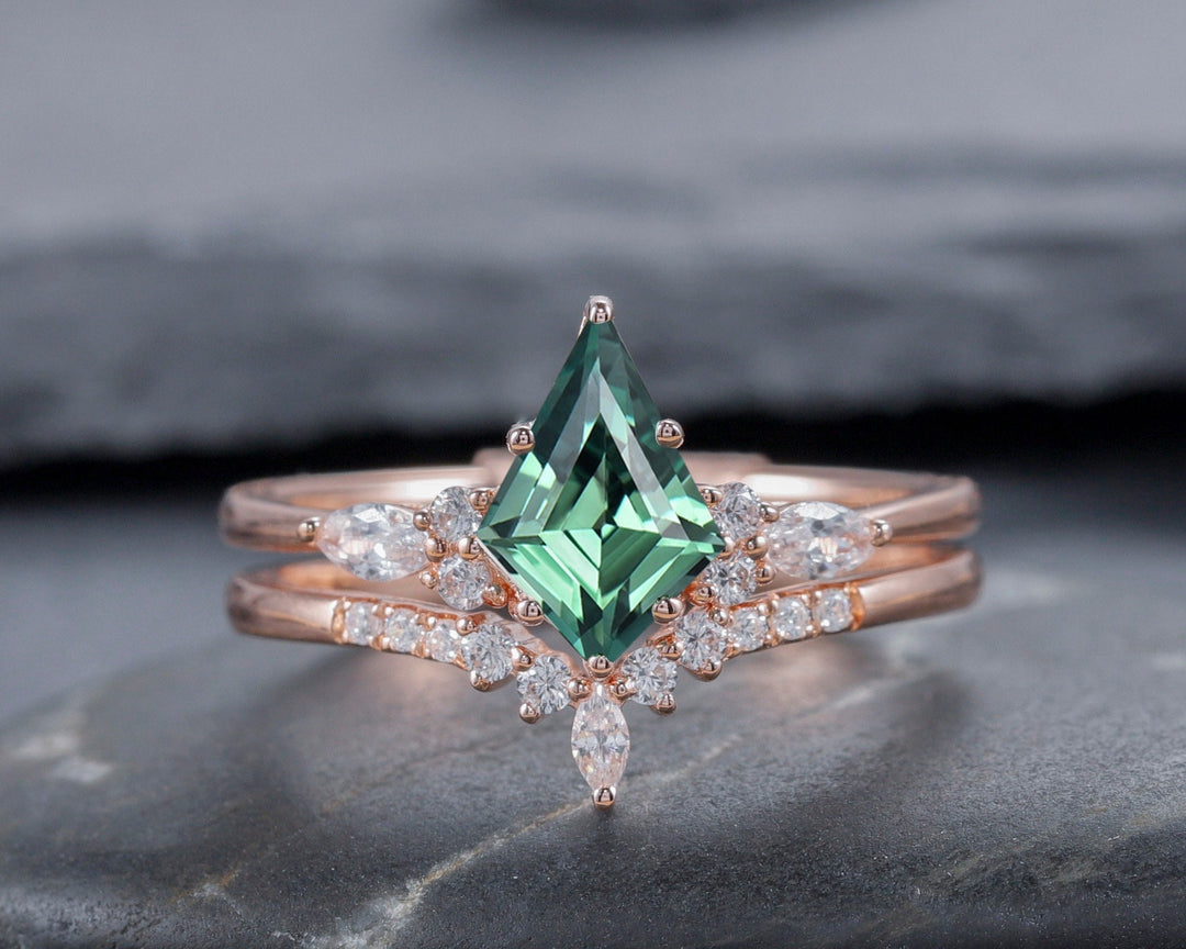 Vintage Kite Cut Teal Sapphire Moissanite Engagement Ring Set Unique 14K Rose Gold Anniversary Promise Wedding Ring Set Bridal Set for Women - ShainJewelry