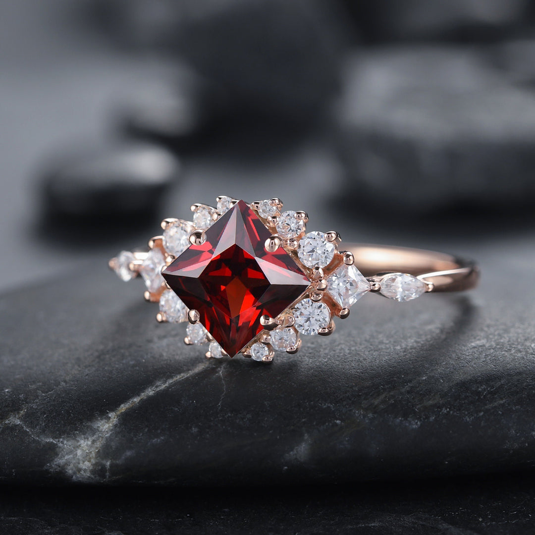 Vintage Princess Natural Garnet Engagement Ring 14k Rose Gold Cluster Moissanite Wedding Ring Unique January Birthstone Promise Ring for Her - ShainJewelry