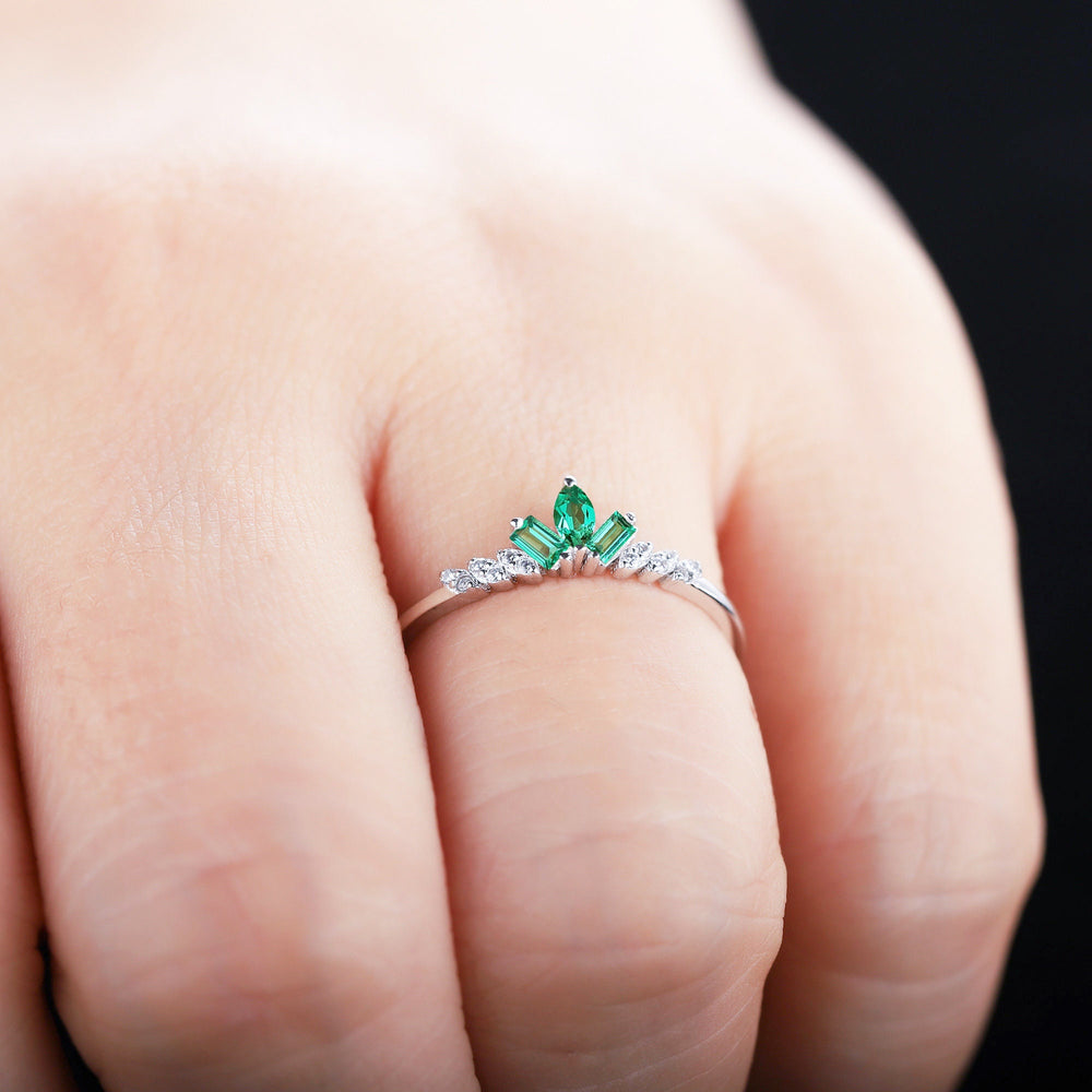 Unique Marquise Emerald Cluster Wedding Band 14K White Gold Baguette Cut Emerald Matching Band Promise Stackable Anniversary Ring Enhancer - ShainJewelry