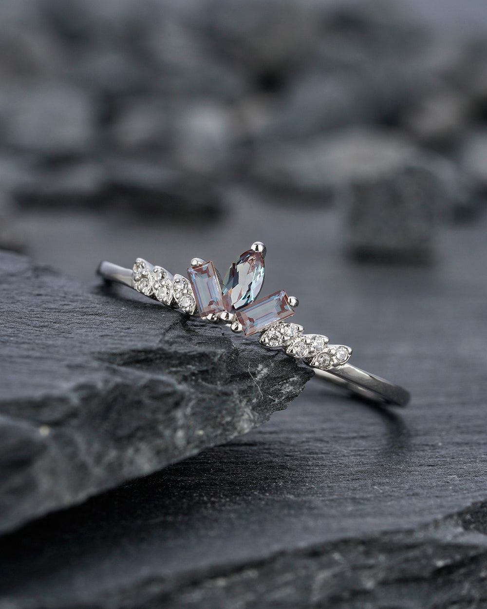 Vintage Marquise Alexandrite Cluster Wedding Band 14K White Gold Baguette Cut Matching Band Promise Stackable Anniversary Ring Enhancer - ShainJewelry