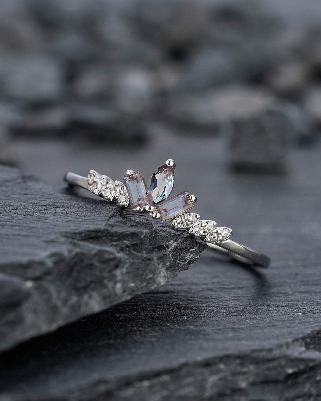 Vintage Marquise Alexandrite Cluster Wedding Band 14K White Gold Baguette Cut Matching Band Promise Stackable Anniversary Ring Enhancer - ShainJewelry
