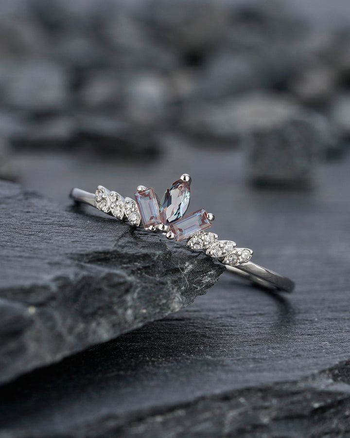 Vintage Marquise Alexandrite Cluster Wedding Band 14K White Gold Baguette Cut Matching Band Promise Stackable Anniversary Ring Enhancer - ShainJewelry
