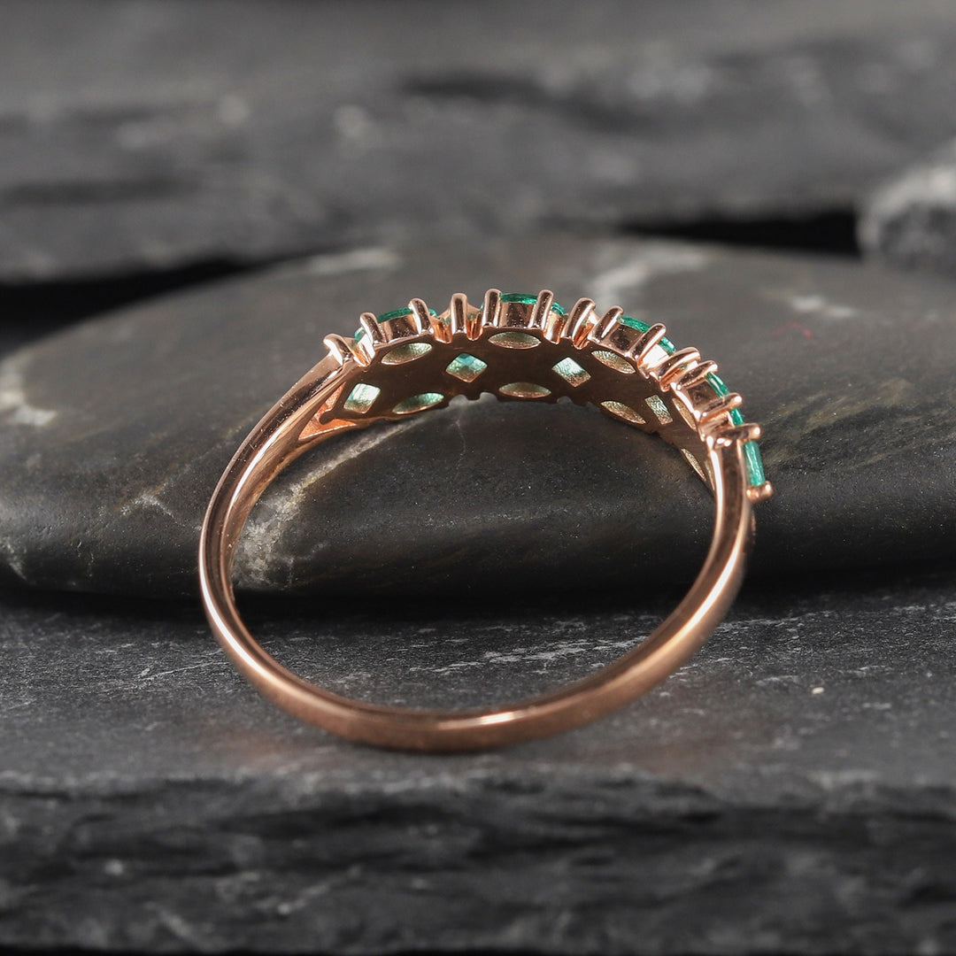 Marquise Cut Emerald Wedding Band, Unique Rose Gold Princess Cut Emerald Matching Band Engagement Ring Enhancer, Art Deco Promise Ring - ShainJewelry
