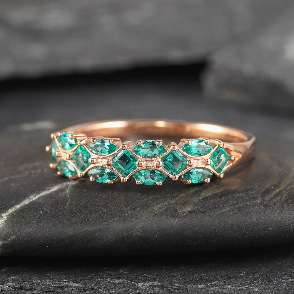 Marquise Cut Emerald Wedding Band, Unique Rose Gold Princess Cut Emerald Matching Band Engagement Ring Enhancer, Art Deco Promise Ring - ShainJewelry
