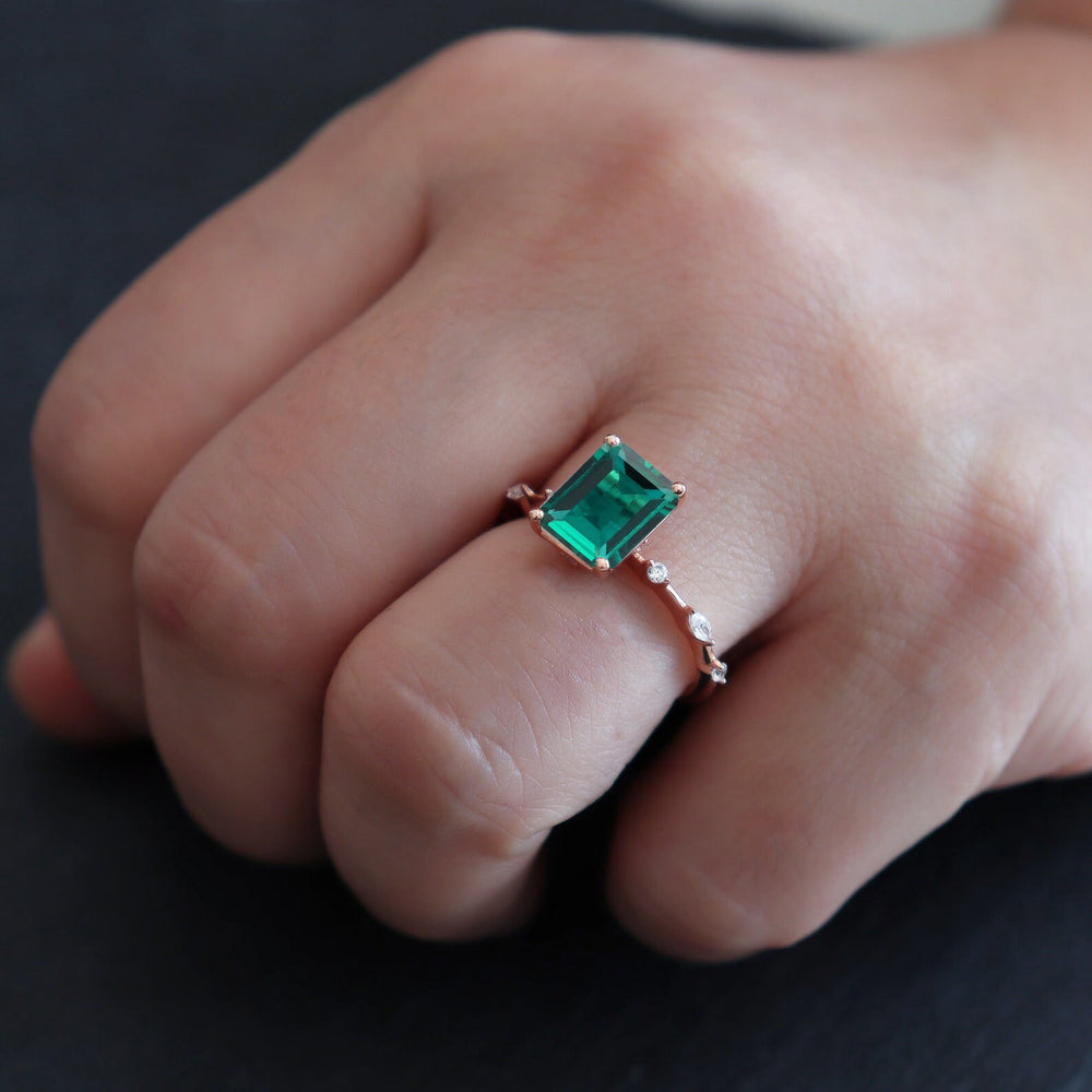 Vintage 2 Carat Green Emerald Engagement Ring, Unique Emerald Cut Wedding Ring, May Birthstone Promise Ring,14k Rose Gold Anniversary Ring - ShainJewelry