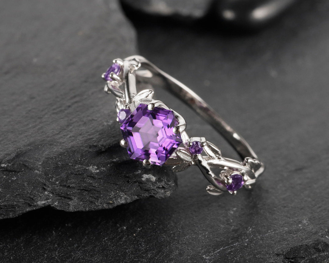 Vintage Hexagon Cut Amethyst Leaf Engagement Ring, Dainty Twist Branch Amethyst Promise Ring, Unique Rose Gold Purple Amethyst Wedding Ring - ShainJewelry