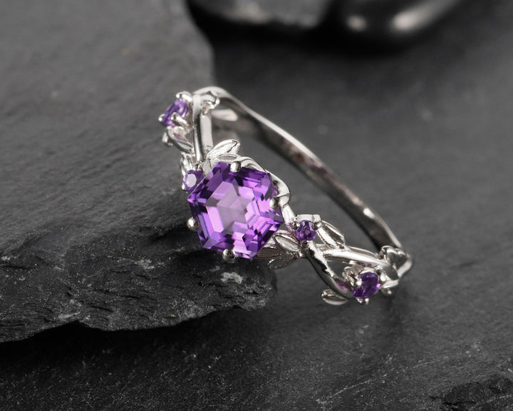 Vintage Hexagon Cut Amethyst Leaf Engagement Ring, Dainty Twist Branch Amethyst Promise Ring, Unique Rose Gold Purple Amethyst Wedding Ring - ShainJewelry
