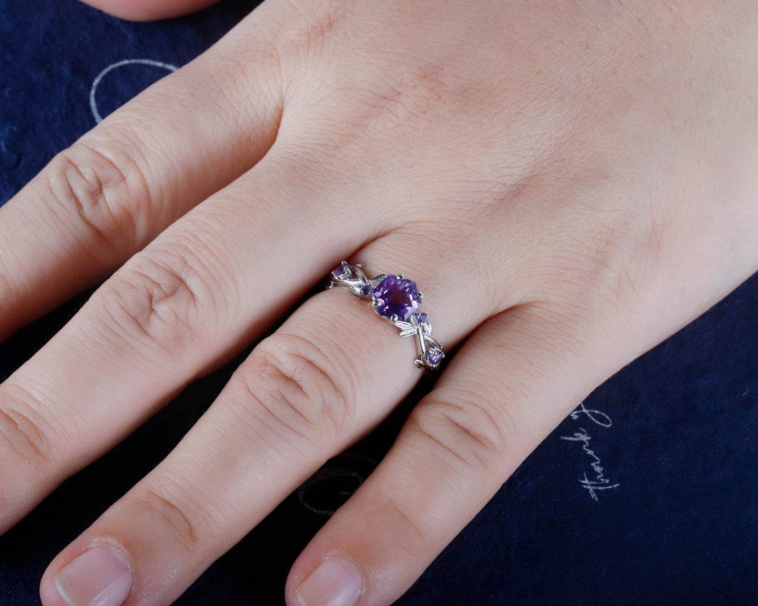 Vintage Hexagon Cut Amethyst Leaf Engagement Ring, Dainty Twist Branch Amethyst Promise Ring, Unique Rose Gold Purple Amethyst Wedding Ring - ShainJewelry