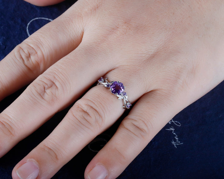 Vintage Hexagon Cut Amethyst Leaf Engagement Ring, Dainty Twist Branch Amethyst Promise Ring, Unique Rose Gold Purple Amethyst Wedding Ring - ShainJewelry