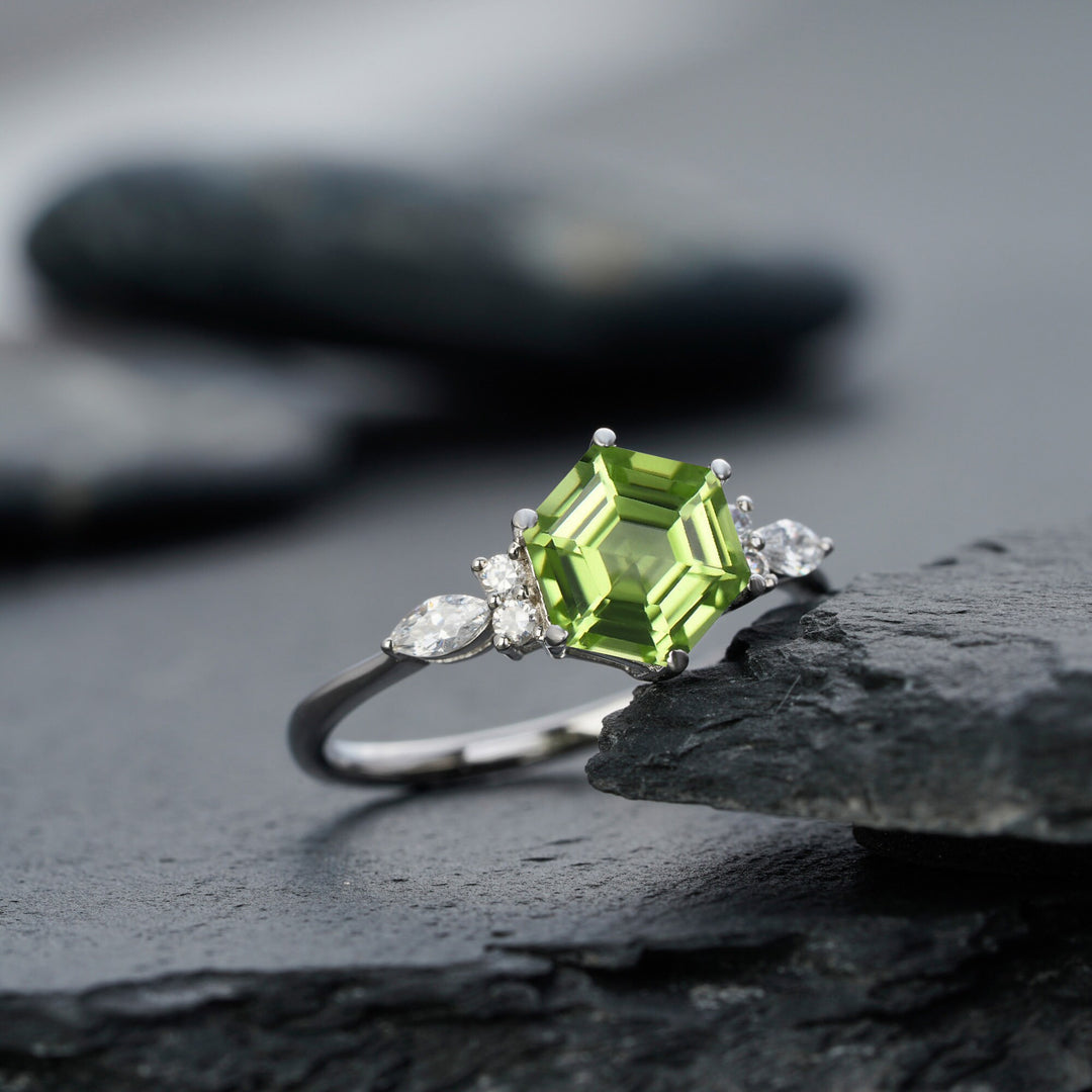 Vintage Hexagon Cut Natural Peridot Engagement Ring, Unique 14K White Gold August Birthstone Peridot Wedding Anniversary Promise Ring Gift - ShainJewelry