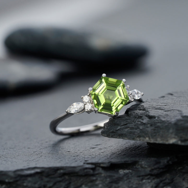 Vintage Hexagon Cut Natural Peridot Engagement Ring, Unique 14K White Gold August Birthstone Peridot Wedding Anniversary Promise Ring Gift - ShainJewelry