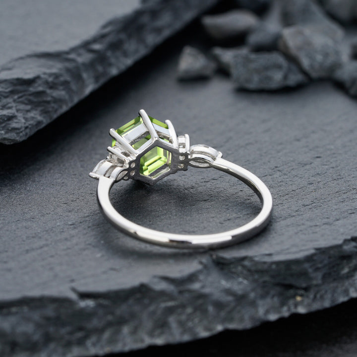 Vintage Hexagon Cut Natural Peridot Engagement Ring, Unique 14K White Gold August Birthstone Peridot Wedding Anniversary Promise Ring Gift - ShainJewelry