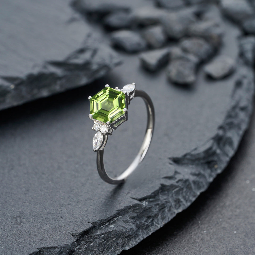 Vintage Hexagon Cut Natural Peridot Engagement Ring, Unique 14K White Gold August Birthstone Peridot Wedding Anniversary Promise Ring Gift - ShainJewelry